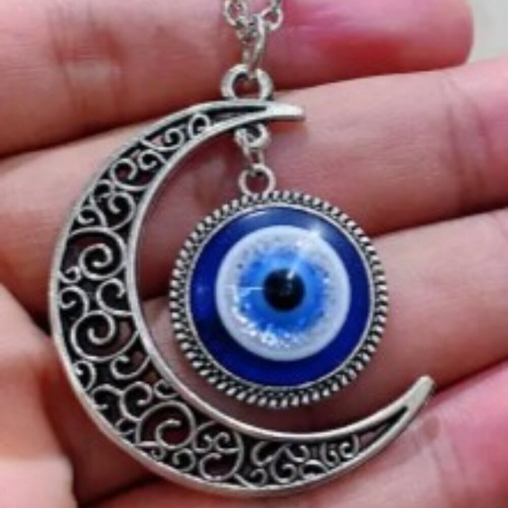 Turkish Blue Eye With Golden Moon Evil Eye Pendant Necklace Vintage-inspired